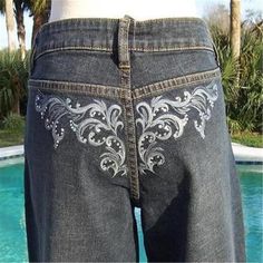 Cache Bling Dark Denim Stretch Pant / Jean Delicious Embroidery And Multi Size Rhinestone Crystals On Lower Back Stunning Glisten And Bling New With Tags $128.00 + Tax May Fit Other Sizes, See Measurements Below Measurements Appx Flat 1 Way Un Stretched: 98% Cotton 2% Spandex Size 10 +- 17" Waist Area +-20.5" Hip Area +-9" Rise +-33.5" Inseam +-43" Long Size 6 +-16" Waist Area +-19.5" Hip Area +-8.5" Rise +-32.5" Inseam +-41.5" Length Smoke Free Home Blue Embellished Straight Leg Bottoms, Elegant Embellished Denim Bottoms, Bling Pants, Rhinestone Pants, Boho Jeans, Digital Closet, Tuxedo Style, Studded Jeans, Embellished Jeans