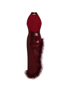 Introducing the Cole Sleeveless Feather Sequin Dress In Wine, featuring a beautiful combination of sequin and feather fabrics crafted for a classic look. Perfect for showing off your style and creating a sophisticated, chic look. Perfect for special events and occasions. Material: 100% polyester Invisible zipper opening at the back Stretch Factor: Non Stretch Clean: Dry clean only Color may vary due to the lighting on images. The product images (without model) are the closest to the true color o Wine Red Dress, Backless Gown, Sequin Halter, Sequin Maxi, Sequin Maxi Dress, Red Sequin, Feather Dress, Sequin Fabric, Halter Style