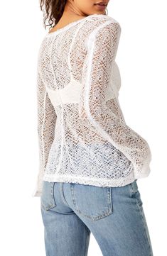 This full-of-charm top is crafted from lovely lace with airy side vents. 25 1/2" length (size Medium) Jewel neck Long sleeves 96% polyester, 4% elastane Hand wash, line dry Imported Lace V-neck Top With Crochet Trim, Summer Stretch Mesh Top With Lace Trim, White Stretch Lace Top, Chic Lace Top For Beach, Chic Lace Top For The Beach, Summer Lace Top For Layering, Fitted Lace Mesh Top With Lace Trim, Fitted Lace Top For Vacation, V-neck Crochet Lace Top