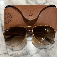 These Are Beautiful With The Warm Gold Tones. Classic Brown Aviator Sunglasses For Beach, Gold Aviator Sunglasses For Beach, Brown Aviator Sunglasses With Uva Protection For Travel, Brown Aviator Sunglasses For Travel, Elegant Brown Aviator Sunglasses With Gradient Lenses, Ray Ban Erika Sunglasses, Ray Bands, Ray Ban Round Sunglasses, Mirrored Aviators