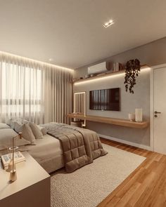 a modern bedroom with wood floors and white walls