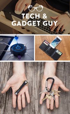 a collage of photos with the words tech and gadget guy on it's fingers