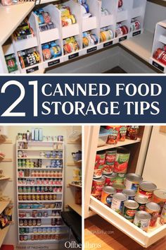 the inside of a pantry with canned food in it, and two pictures of canned food storage