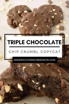 triple chocolate chip crumbl copycat cookies stacked on top of each other with text overlay