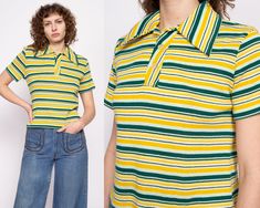 "Vintage 70s yellow & green striped polo shirt in soft jersey knit with a cropped fit. Measurements and Condition: Fits like: Large Fabric: Feels like cotton/poly knit, has stretch Brand: None Condition: Excellent Length: 21\" Chest: 40\" Shown on a 5'8\" model with measurements of 34\"-26\"-37\", usually wears a size small. See our FAQ for more info on sizing and condition ratings." Collared Crop Top, Cropped Polo Shirt, Cropped Polo, Retro Shorts, Striped Polo Shirt, Green Pattern, Shirt Pattern, Green Stripes, Colorful Fashion