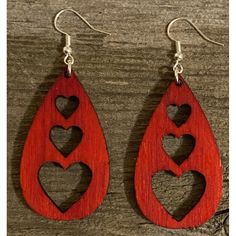 This Is A Laser Cut Pair Of Wood Earrings. They Are Brand New Made In Florence Mississippi Valentine's Day Teardrop Heart Earrings For Pierced Ears, Heart Charm Teardrop Earrings For Valentine's Day, Red Dangle Heart Earrings As A Gift, Red Dangle Heart Earrings For Gift, Red Teardrop Earrings For Valentine's Day, Red Dangle Heart Earrings For Anniversary, Handmade Red Teardrop Earrings, Red Ear Wire Jewelry For Valentine's Day, Red Teardrop Earrings For Gifts