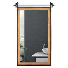 a bathroom mirror sitting on top of a counter next to a white sink and potted plant