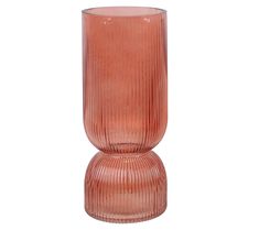 a tall pink glass vase sitting on top of a table