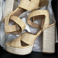 Make A Fabulous Statement By Donning The Gorgeous And Comfortable Design Of The Coach Nelly Raffia Sandals. Measurements: Heel Height: 5 In Weight: 1 Lb 1 Oz Platform Height: 1 12 In Beige Round Toe Heels For Summer, Natural Wedge Sandals With Heel Strap And Round Toe, Summer Leather Block Heel Shoes, Chic Open Heel Sandals In Natural Color, Leather Heels With Woven Sole For Vacation, Natural Heels With Woven Sole And Ankle Strap, Beige Ankle Strap Heels For Summer, Summer Beige Heels With Ankle Strap, Summer Beige Heels With Heel Strap