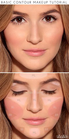 Start by applying a light foundation in the areas labeled “HL” to add highlights. Fill in the areas marked “BR” with a darker foundation (about 2 shades darker than your skin) to act as your bronzer. Finish off by applying blush in the area of the cheekbone marked “BL” and—voilà!—a perfect makeup look for any special occasion!: Basic Contour, Obličejové Masky, Mermaid Beauty, How To Contour, Contour Tutorial, Contour Makeup Tutorial