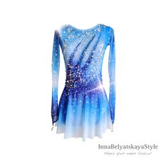 a blue and white figure skating dress with stars on the chest, in front of a white background