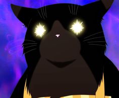 a black cat with glowing yellow eyes stares at the camera while standing in front of a purple background