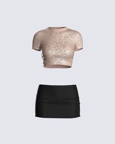 Simple, yet significant ✨ A night out is calling in this two-piece set featuring a beige sequin cropped top, paired with a black mini skirt - the perfect fit to outshine them all 🤩 White Corset Dress, Y2k Summer Outfits, Yellow Mini Dress, Dressy Casual Outfits, High Fashion Outfits, Classy Work Outfits, Sequin Mini Skirts, Pretty Clothes, Lovely Clothes