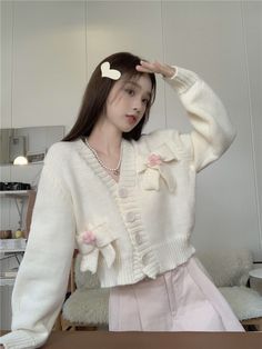 Autumn Winter Soft Pretty Girl Pastel Pink White Bow Knitted Embroidery Cardigan Sweaters 💜 sugarplum · y2k, coquette, egl, cosplay fashion and home decor store 💜 Powered by Storenvy Outfits Japan, Cute Korean Outfits, Streetwear Japanese, Japanese Minimalist, Outfits Simple, Fashion Japanese, Japan Outfit, Outfit Korean, Dress Korean