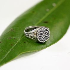 This AURYN originated from the cult movie "The Neverending Story". My Auryn ring is cast in solid sterling silver that has been gently oxidized to enhance the detail of the entwined serpents.  The adjustable band is adorned with a pair of floral clusters and is available up to a size ten.Matching earrings are available herehttps://www.etsy.com/listing/235640002/auryn-earrings-in-solid-sterling-silverALTERNATIVE FINISH: Bronzehttps://www.etsy.com/listing/237362155/auryn-necklace-in-solid-bronze40 Hand Forged Sterling Silver Signet Ring For Anniversary, Sterling Silver Etched Jewelry For Promise, White Gold Sterling Silver Signet Ring With Oxidized Finish, Sterling Silver White Gold Signet Ring With Oxidized Finish, Antique Silver Engraved Ring With Oxidized Finish For Anniversary, Elegant Gift Signet Ring With Oxidized Finish, Anniversary Antique Silver Engraved Ring With Oxidized Finish, White Gold Rings With Oxidized Finish, Symbolic Engraved Ring With Oxidized Finish For Promises