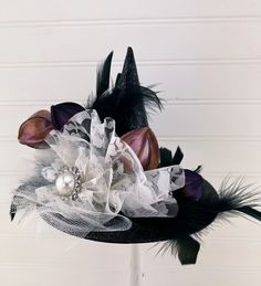 Halloween Decor SMALL Witch Hat Black With Feathers Flowers - Etsy Halloween Costume Hat Accessories, Black Fantasy Mini Hats For Costume Party, Fantasy Black Mini Hats For Costume Party, Witchy Mini Hats For Halloween, Witchy Black Mini Hat For Halloween, Black Halloween Themed Top Hat, Black Witchy Mini Hat For Halloween, Witchy Black Mini Hats For Costume, Black Witchy Mini Hat For Costume