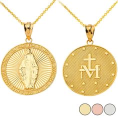 Description: 14k Solid Gold Our Lady Of Graces Miraculous Medal Pendant Necklace Item No.: H678 Metal Type: 14k Solid Gold (Available In 10k Solid Gold) Metal Color: Yellow Gold Or White Gold Or Rose Gold Measurement: Height With Bail: Approx. 1.16 In Width: 0.88 In Est. Weight: 3.1 Grams (Pendant) . With Chain : 4.2 - 4.5 Grams (Vary From Chain Length) Chain Available In 16", 18", 20", 22" Brand New With Box Note: Made To Order. This Item Might Take 2-5 Days To Ship 14k Gold Yellow Engraved Necklace, Yellow 14k Gold Engraved Necklace, Engraved Yellow 14k Gold Necklaces, Engraved 14k Yellow Gold Necklace, Shine Jewelry, Platinum Bracelet, Necklace Rose Gold, Round Pendant Necklace, Necklace Rose