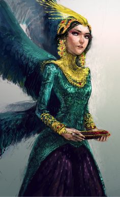 an artistic painting of a woman dressed in green and gold with wings on her head