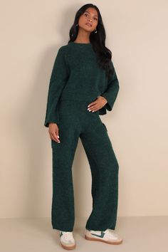 Set the tone for a cozy afternoon with the Lulus Signature Sunday Dark Green Knit Sweater Pants! Fuzzy sweater knit (with threaded hues of dark blue and yellow) shapes these lounge-ready pants that have a stretchy, elasticized banded waist and wide legs with trendy, cargo-inspired pockets at the sides. Pair with the matching top for a complete look! Fit: This garment fits true to size. Length: Floor length. Size medium Inseam: 30.00 Front Rise: 13.25 Waist: Fitted - elastic waist allows stretch. Hip: Fitted - stretchy fabric allows room for hips. Fabric: Fabric is very stretchy. Unlined. 53% Polyester, 25% Acrylic, 20% Recycled Polyester, 2% Spandex. Hand Wash Cold. Do Not Bleach. Line Dry. Iron Low Heat. Imported. Lulus | Signature Sunday Dark Green Knit Sweater Pants | Size X-Small. Wide Leg Sweater Pants, Cozy Afternoon, Green Knit Sweater, Fuzzy Sweater, Pants Wide Leg, Sweater Pants, Wide Legs, Matching Top, Sweater Knit