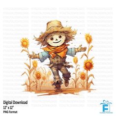 a digital painting of a scarecrow with sunflowers