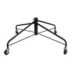 a black metal stand with wheels on it