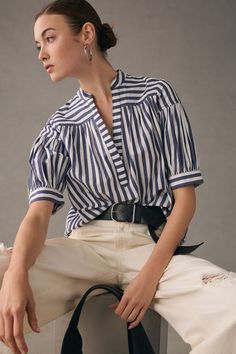 Rent Darcey Popover Swing Top from Nuuly. Pick 6 items for $98/month. Free shipping + returns. Cotton Pullover, Mode Inspiration, Cotton Blouses, Striped Blouse, Look Fashion, Pullover Styling, Clothes For Sale, Shirt Blouses, Anthropologie