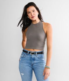 Free People Hayley Racerback Brami - Grey XS/S, Women's Blacksand High neck ribbed stretch brami Bust measures 25 on size XS/S Body length 15 1/4 on size XS/S Model Info: Height: 5'9 | Bust: 33 1/2 | Waist: 25 1/2 | Hip: 35 1/2 | Wearing Size: XS/S. 92% Nylon, 8% Spandex. Machine wash cold, gentle cycle. Non-chlorine bleach. Lay flat to dry.. Measurements: Bust -Fullest part of bust with arms at sides. Waist -Circumference of natural waist: above belly button, below rib cage. Hips -Standing with Fitted Ribbed Halter Tank Top, Ribbed Fitted Tank Halter Top, Ribbed Fitted Halter Tank Top, Fitted Ribbed Racerback Crop Top, Fitted Halter Top For Everyday Wear, Spring Fitted Halter Top, Summer Everyday Fitted Halter Top, Spring Everyday Fitted Halter Top, Fitted Ribbed Racerback Halter Top