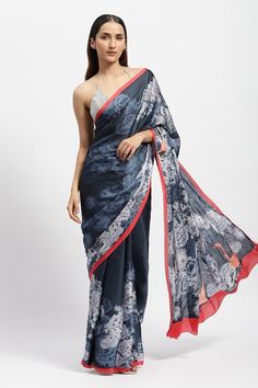 Blue silk satin saree with all over floral prints and crystal embellishments. Comes along with a running blouse piece. - Aza Fashions Festive Silk Pre-draped Saree With Printed Motifs, Elegant Party Blouse Piece With Printed Motifs, Elegant Pre-draped Georgette Saree With Printed Motifs, Semi-stitched Silk Pre-draped Saree With Printed Motifs, Fitted Silk Pre-draped Saree With Printed Motifs, Elegant Georgette Blouse Piece With Printed Motifs, Elegant Party Saree With Printed Motifs, Fitted Pre-draped Silk Saree With Printed Border, Reception Georgette Saree With Printed Motifs