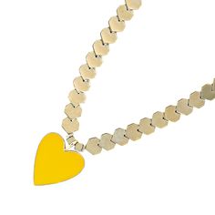 Happy Yellow Heart Necklace is a celebration of love and light, featuring heart-shaped gold color hematite stone beads. Each bead embodies the strength and grounding energy of hematite while gleaming with the radiance of the sun's embrace. At the center of the necklace gleams an 18K gold plated yellow enamel Heart pendant, radiating with the energy of sunshine. Its golden hue symbolizes warmth, optimism, and enduring love. The heart-shaped hematite beads, reminiscent of golden rays, represent th Yellow Necklace With Heart Charm For Gift, Yellow Heart Pendant Necklace For Valentine's Day, Yellow Heart-shaped Necklace, Yellow Heart Beads Jewelry For Valentine's Day, Yellow Jewelry With Heart Beads For Valentine's Day, Valentine's Day Yellow Jewelry With Heart Beads, Yellow Heart Beads Jewelry For Gift, Heart Beaded Necklace, Happy Yellow