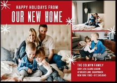 a family is sitting on the bed with their christmas cards in front of them,