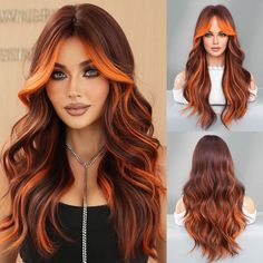 PRICES MAY VARY. 💘【Material Selection】Synthetic high density heat resistant fiber wig(120°c), soft hair, comfortable to wear, easy to care for.Reduce shedding and knotting. 💘【Long Ombre Ginger Wig】26 Inch long wavy curly orange brown wig with 8 inch curtain bangs.Ginger highlight Brown wig design is more fashion,unique bright orange middle part wig brings more enthusiasm to you! 💘【Dark Roots & Curtain Bangs Wig】8 inch curtain bangs can not only be arbitrarily shaped but also perfectly hide th Colored Hair For Brown Hair, Orange Hair Inspiration, Dark Brown And Orange Hair, Fall Hair Colors With Highlights, Ginger Curtain Bangs, Fall Highlights For Dark Brown Hair, Long Curtain Bangs Long Hair, Brown And Orange Hair, Orange Hair Ideas