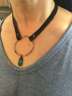 "Just riveting copper hammered hoop with arrows embossed on leather with buffalo nickel closure, western heritage style,cowgirl,artisan necklace. Sits about 19\" on neckline. This necklace is made to order so turquoise will vary in color tones but it will all be genuine turquoise. Hoop is approximately 1.75\" in diameter so it is a larger size, but you can request a smaller hoop if you wish! So lightweight, you hardly know it's on." Southwestern Leather Jewelry For Festivals, Southwestern Style Leather Jewelry For Festivals, Rustic Hand Tooled Leather Jewelry, Western Black Leather Jewelry, Western Style Black Leather Jewelry, Black Leather Western Jewelry, Western Hand-tooled Leather Jewelry, Western Style Hand-tooled Leather Jewelry, Leather Jewelry With Patina For Festivals