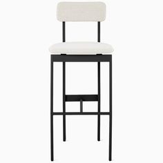 a black and white bar stool with a cushion on the back, in front of a white background