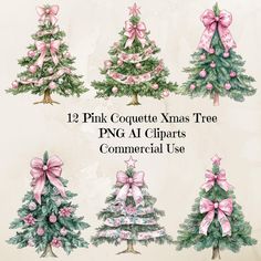 twelve pink christmas trees with bows and ribbons on them, all decorated in different styles