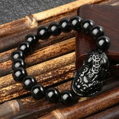 Good Luck Chinese, Black Obsidian Bracelet, Black Obsidian Stone, Obsidian Bracelet, Obsidian Stone, Lucky Bracelet, Bead Bangles, Mens Beaded Bracelets, Black Obsidian