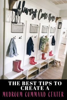 an entryway with several coats and boots hanging on the wall, along with text overlay that reads how i keep my head above water - organization for a crazy unit life