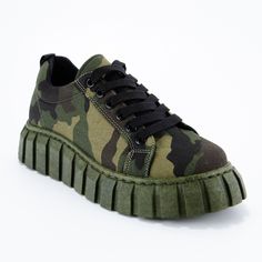 These adorable sneakers are sure to make any outfit pop. Featuring a camouflage detail. Green Fall Sneakers For Streetwear, Green Sneakers For Fall Streetwear, Fall Streetwear Sneakers With Rubber Sole, Green Fall Streetwear Sneakers, Green Platform Sneakers For Spring Streetwear, Camouflage High-top Sneakers With Rubber Sole, Camouflage Sneakers For Outdoor With Round Toe, Camouflage Sneakers With Round Toe For Outdoor, Camouflage Sneakers For Outdoor