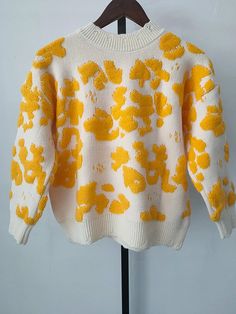 Product Show： One Size (unit:cm) Length:55 Bust:108 Raglan Sleeve: 59 Note: 1 inch = 2.54 cm, 1 cm = 0.39 inch Yellow Patchwork Sweater For Winter, Yellow Patchwork Winter Sweater, Fall Cream Patchwork Sweater, Yellow Acrylic Sweater For Winter, Yellow Acrylic Winter Sweater, Cream Patchwork Sweater For Winter, Yellow Textured Knit Long Sleeve Sweater, Flower Stitching, Yellow Knit Sweater