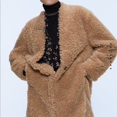 New With Tag Spring Camel Long Coat, Camel Long Coat For Spring, Long Camel Coat For Spring, Long-sleeve Camel Outerwear For Winter, Casual Long Camel Coat, Zara Beige Outerwear For Cold Weather, Zara Beige Outerwear For Winter, Zara Brown Long Coat, Caramel Long Sleeve Fall Outerwear