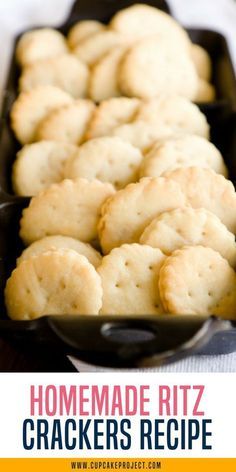 homemade ritz crackers in a baking pan with text overlay that reads homemade ritz crackers recipe