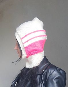 White Beanie For Winter Streetwear, White Hooded Balaclava For Winter, Casual White Balaclava, White Full Face Balaclava For Winter, Casual Fitted Knitted Balaclava, One-size Warm White Balaclava, Warm White Balaclava For Winter, White Knitted Winter Beanie, White Warm Balaclava One Size