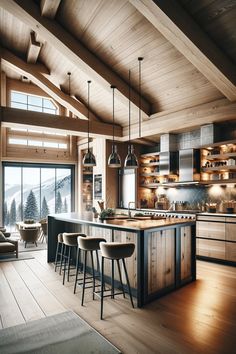 a large kitchen with wooden floors and ceilinging, along with two bar stools