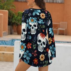 Women's Skulls With Blue Flowers Crew Neck Long Sleeve T-Shirt This t-shirt is made of a soft and comfortable imitation cotton material that also has a slight elasticity. It features an easy-to-wear and versatile design that is both comfortable and fashionable. The color of the collar and sleeves are fixed to create a stylish contrast, adding a touch of detail to the overall look. It's perfect for wearing in all seasons for any occasion, whether it's for daily wear, at home, while traveling, or during a workout. Washing instructions Hand washable and machine washable, do not soak for a long time, do not bleach, wash solution temperature should not exceed 45ºC. Due to different measurement methods, the error within 1-2cm is a normal phenomenon. Due to objective factors such as production ba Casual V-neck Halloween Tops, Casual Skull Print Top For Fall, Blue Skull Print Tops For Summer, Casual Long Sleeve T-shirt With Skull Print, Casual Long Sleeve Skull Print T-shirt, Blue Skull Print Crew Neck Top, Skull Print Relaxed Fit Long Sleeve T-shirt, Casual Blue Tops With Skull Print, Casual Blue T-shirt With Skull Print