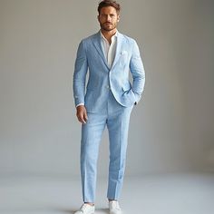 Season:Spring   Fall,Fall; Fabric:Cotton Linen; Sleeve Length:Long Sleeve; Look After Me:Machine wash,Washable; Gender:Men's; Style:Elegant,Dainty,Daily; Occasion:Casual,Anniversary,Event / Party,Party,Causal,Office / Career,Formal,Ceremony,Wedding; Details:Pocket; Outerwear Length:Regular; Placket:Single Breasted One-button,Open Front; Fit Type:Tailored Fit; Function:Portable,Comfy; Pattern:Solid Color; Design:Buttons; Brand:Ador; Outerwear Type:Suits,Blazer Jacket; Listing Date:09/05/2024 Light Blue Sports Coat Outfit Men, Spring Wedding Suits With Suit Collar, Summer Wedding Suits With Long Sleeves, Summer Business Blazer With Buttons, Long Sleeve Single Breasted Wedding Sets, Business Sets With Pockets For Spring, Spring Business Sets With Pockets, Wedding Suits With Lapel Collar And Buttons, Summer Formal Blazer With Buttons