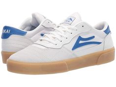 Lakai Cambridge - Men's Shoes : White/Blue Suede : Modern aesthetic meets vintage design with the skate-ready Lakai Cambridge skateboard shoes! Skate shoe in a low-top silhouette featuring a mix of contemporary and classic styles. Uppers of suede, mesh, and perforated synthetic leather. Lace-up closure. Textile lining for breathable wear. DELUX-LITE footbed for cushioned comfort. PARA-MOUNT outsole offers advanced vulcanized technology for grippy performance. Imported. Measurements: Weight: 1 lb Suede Lace-up Skate Shoes For Skateboarding, Suede Skate Shoes With White Rubber Sole, White Sole Suede Skate Shoes, Sporty Suede Skate Shoes With Vulcanized Sole, Casual Suede Sneakers With Translucent Outsole, Casual Leather Skate Shoes For Streetwear, Casual High-top Skate Shoes With Rubber Waffle Outsoles, Low-top Suede Skate Shoes With Perforated Toe Box, Casual Mid-top Skate Shoes With Gum Sole