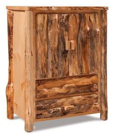 a wooden cabinet made out of logs on a white background with no one around it