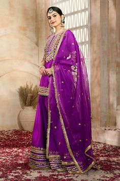 Purple short kurta with floral pattern gota embroidery. Comes with matching sharara and dupatta. - Aza Fashions Kurta And Sharara, Gota Embroidery, Kurta Sharara Set, Sharara Gharara, Kurta Sharara, Short Kurta, Sharara Set, Purple Shorts, Set For Women