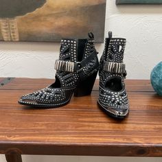 Jeffery Campbell Elaborately Studded Leather Cowboy Booties Sold Out Immediately! Show Stoppers! Side Buckles Are Adjustable. These Are New, Never Worn But I Did But In A Small Cushion In The Sole Thinking I Would Keep Them. Heel 3.5” Shaft 3.5”