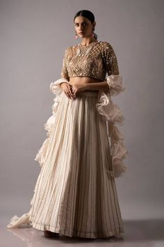 Ivory can can attached lehenga embellished by beaded stripe patterns. Comes with padded blouse embellished by bead sequin and pearl floral motifs. Paired with ruffle dupatta. - Aza Fashions Ruffle Dupatta, Cape Lehenga, Kurta Lehenga, Padded Blouse, Lehenga Skirt, Luxury Sale, Can Can, Bridal Lehenga, Floral Motifs