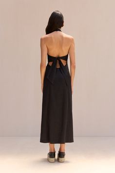 A plunge halter linen midi dress with a keyhole bust detail and adjustable self tie back. — Midi length — Chintz linen with slight sheen — Button neck closure — Back self tie — Center zip — Keyhole bust Platform Flats, Evening Sandals, Linen Midi Dress, Icon Collection, Knit Set, Winter White, Cozy Fall, Denim Top, Kids' Dresses